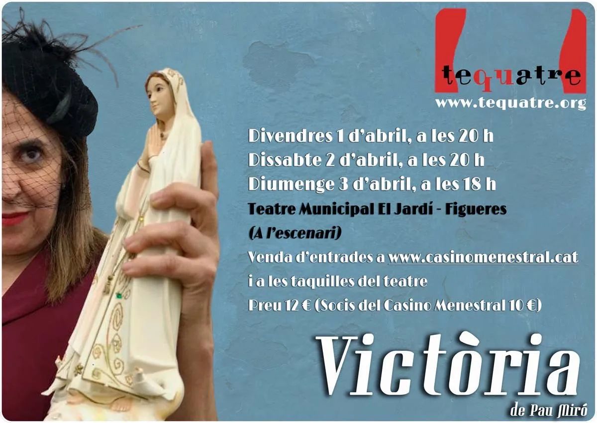 Tres setmanes i estrenem! @tequatre presenta Victòria.Podríem dir que no és solament un nom de dona, és una metàfora dels petits triomfs dels ciutadans d’una pobra, trista, bruta i desesperada Barcelona de l’any 1951, acabada de sorgir de la repressió i la postguerra.Aneu-nos seguint perquè a partir d'ara us anirem donant pistes Venda d'entrades a l'enllaç de la biohttps://casinomenestral.koobin.cat/ https://www.figueresaescena.cat/ca/programacio/c/116-victoria.html